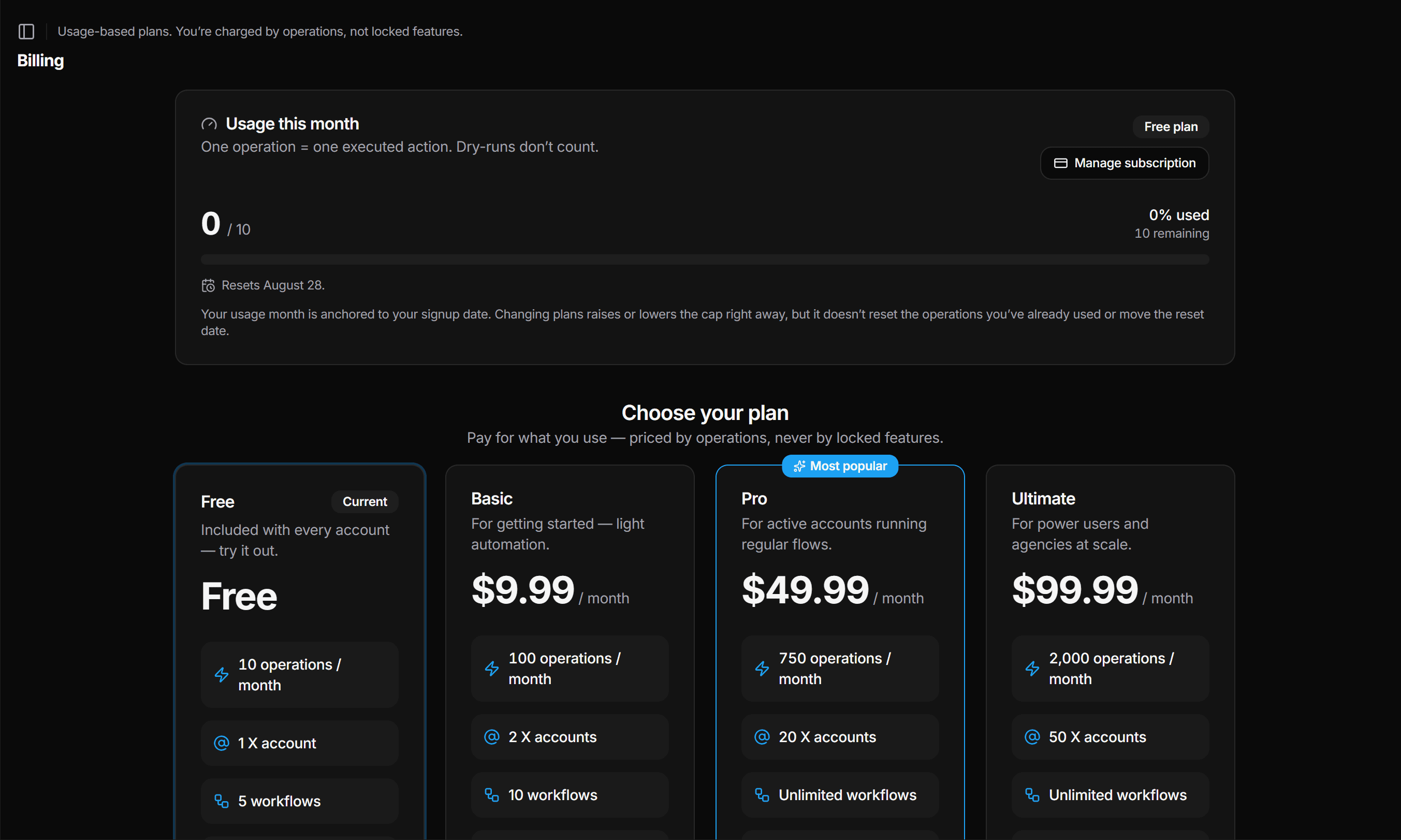 Billing — usage bar, plan details, and upgrade options