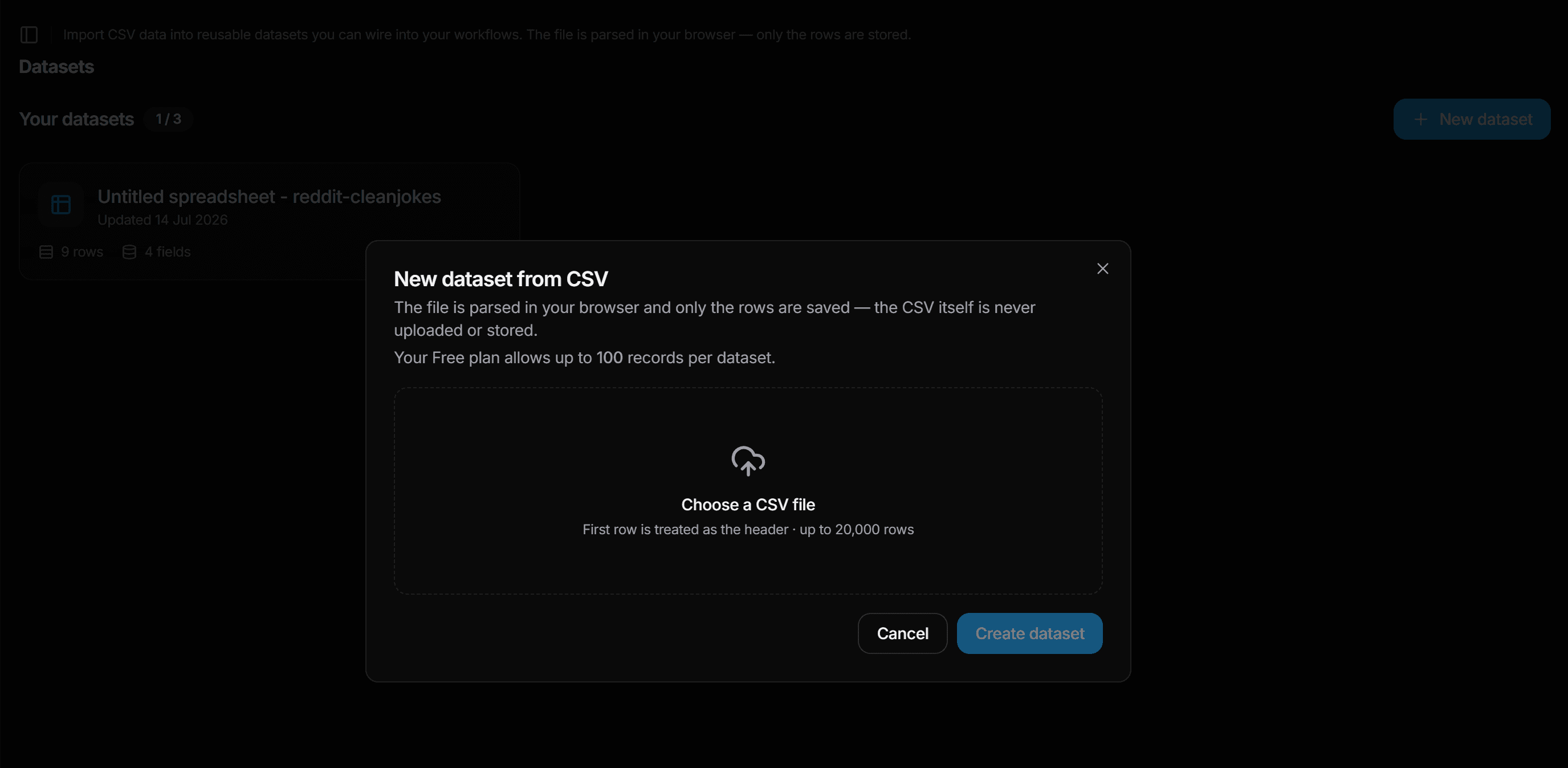 Datasets — CSV import with column selection and field labels