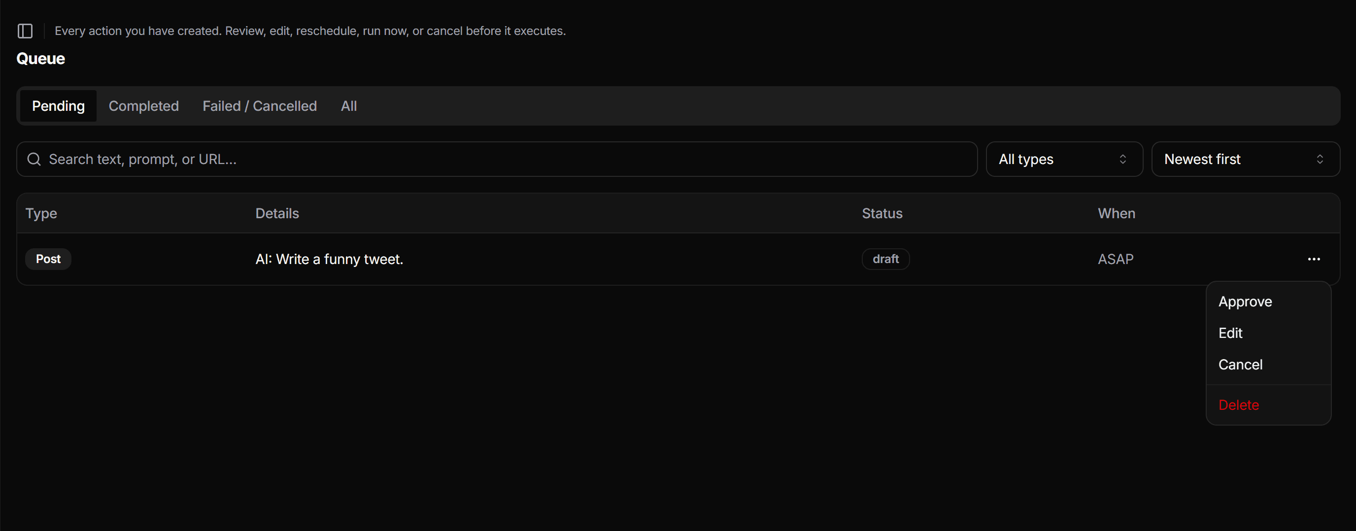 Queue — a draft AI post with the Approve action in the row menu