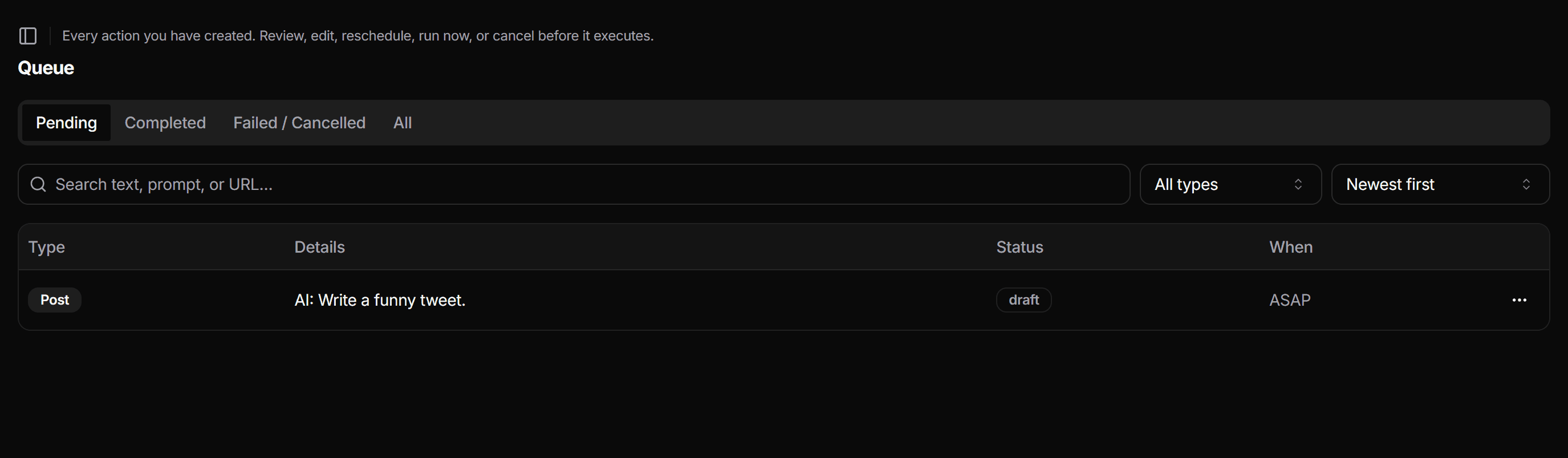 Queue — pending actions with status badges and the row action menu