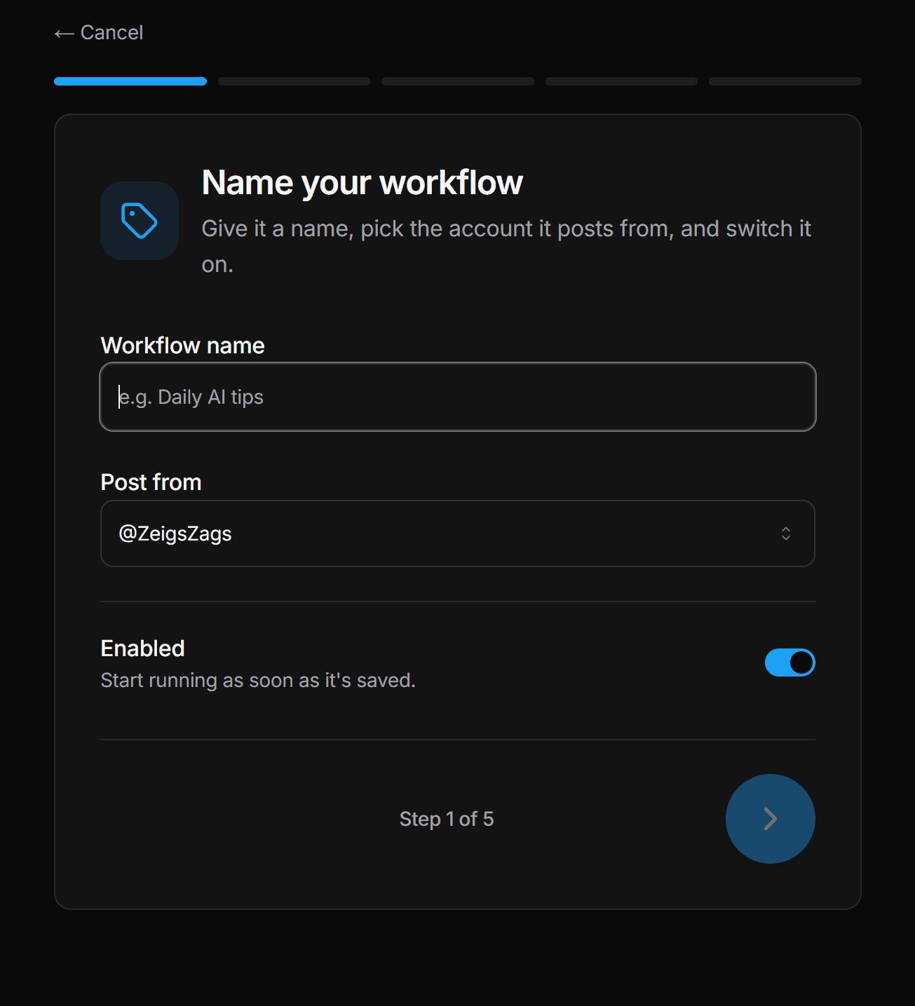 New workflow — the builder with details, schedule, source, and rules