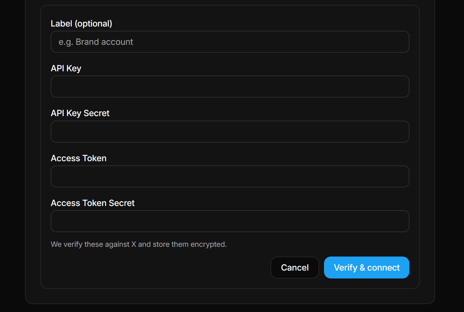 Integrations — the Add X account form with all four key fields